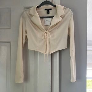 V neck cream tie up collared shirt